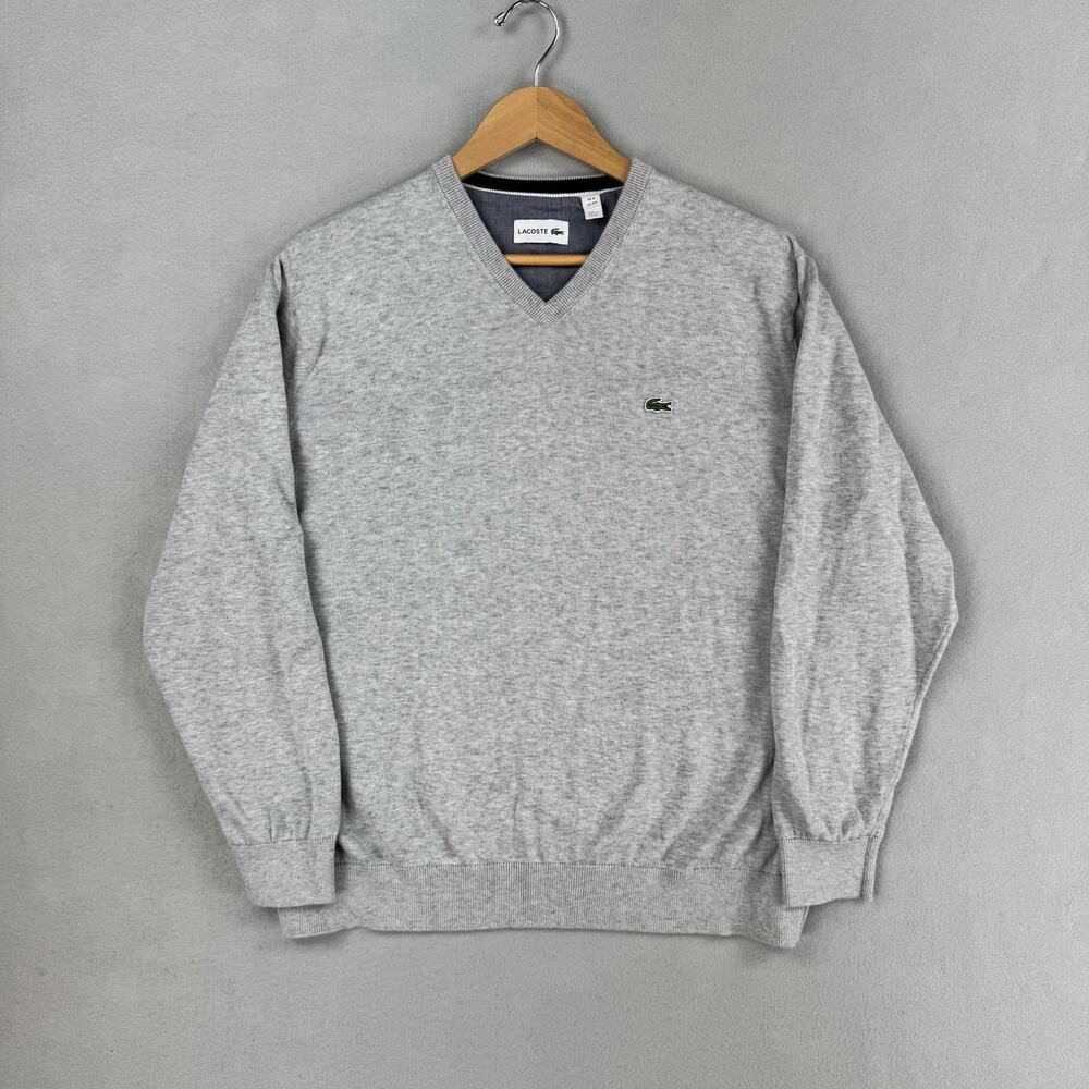 Lacoste Sweater Mens 3XL Gray 100% Cotton V Neck Knit Pullover Croc Logo